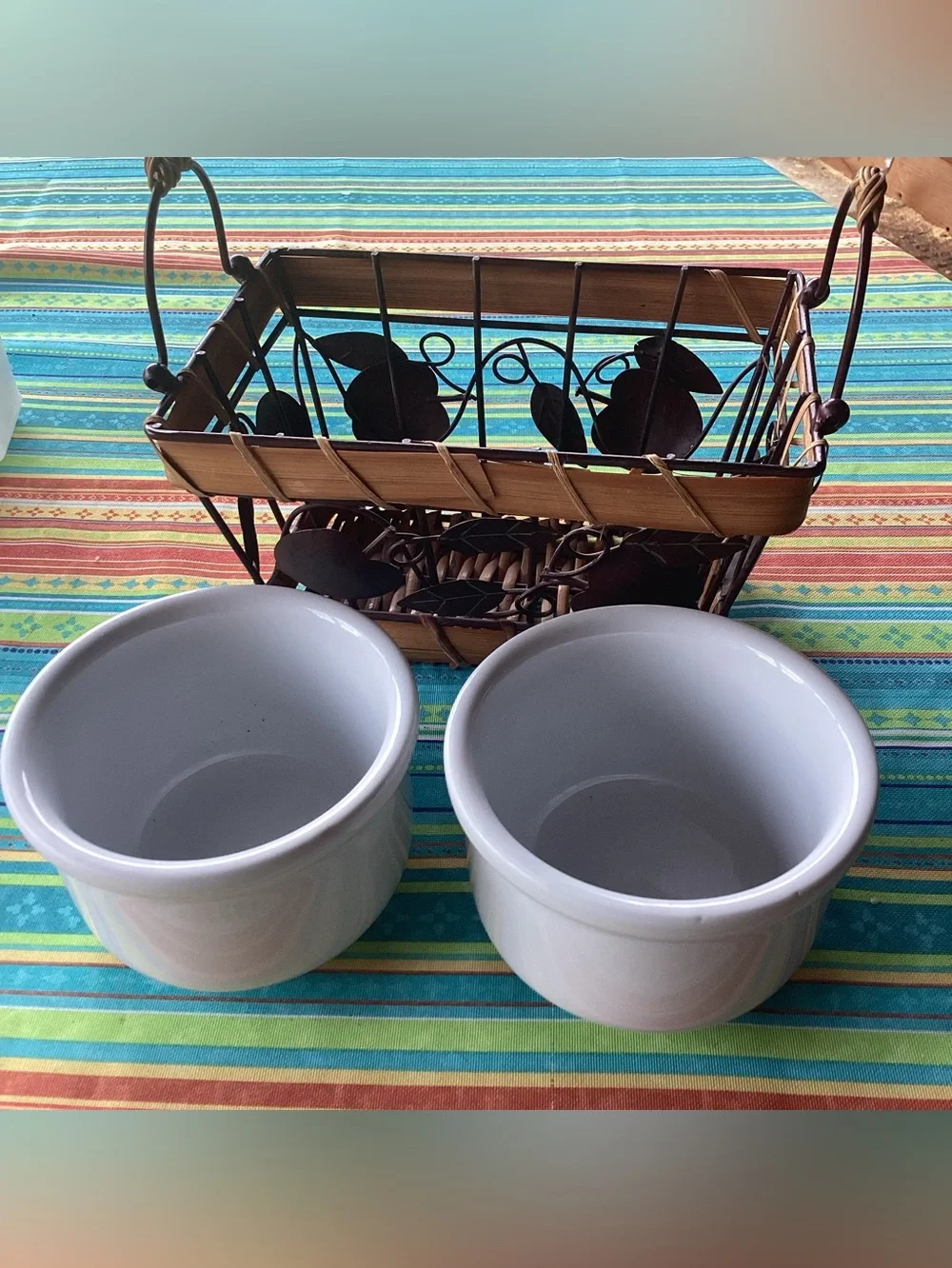 Rustic Basket with Ceramic Crocks - set of 2 crocks